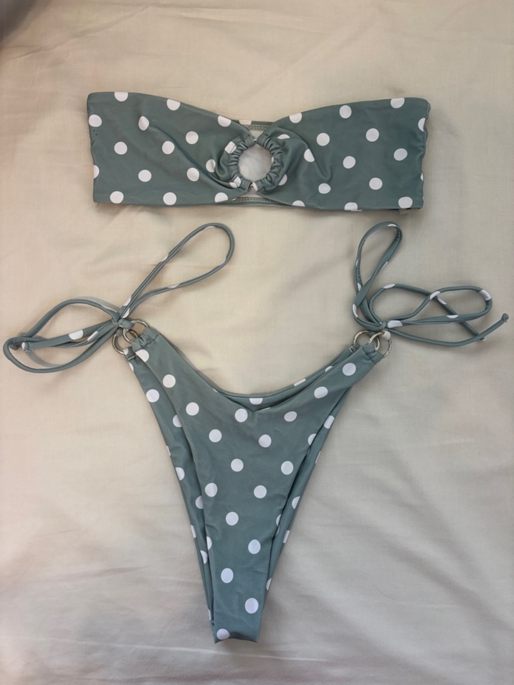 SHEIN Sage Green Polka Dot Ring-Accent Bandeau Bikini